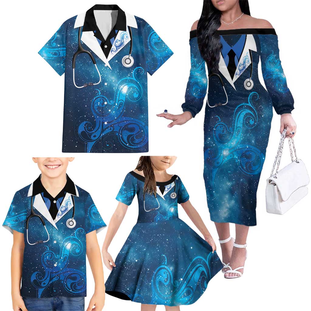 New Zealand Nurses RN Personalised Family Matching Off The Shoulder Long Sleeve Dress and Hawaiian Shirt Galaxy Stethoscope Maori Motif LT9 - Polynesian Pride