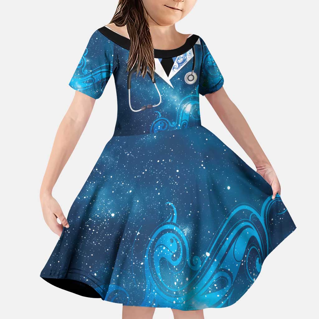 New Zealand Nurses RN Personalised Family Matching Off Shoulder Maxi Dress and Hawaiian Shirt Galaxy Stethoscope Maori Motif