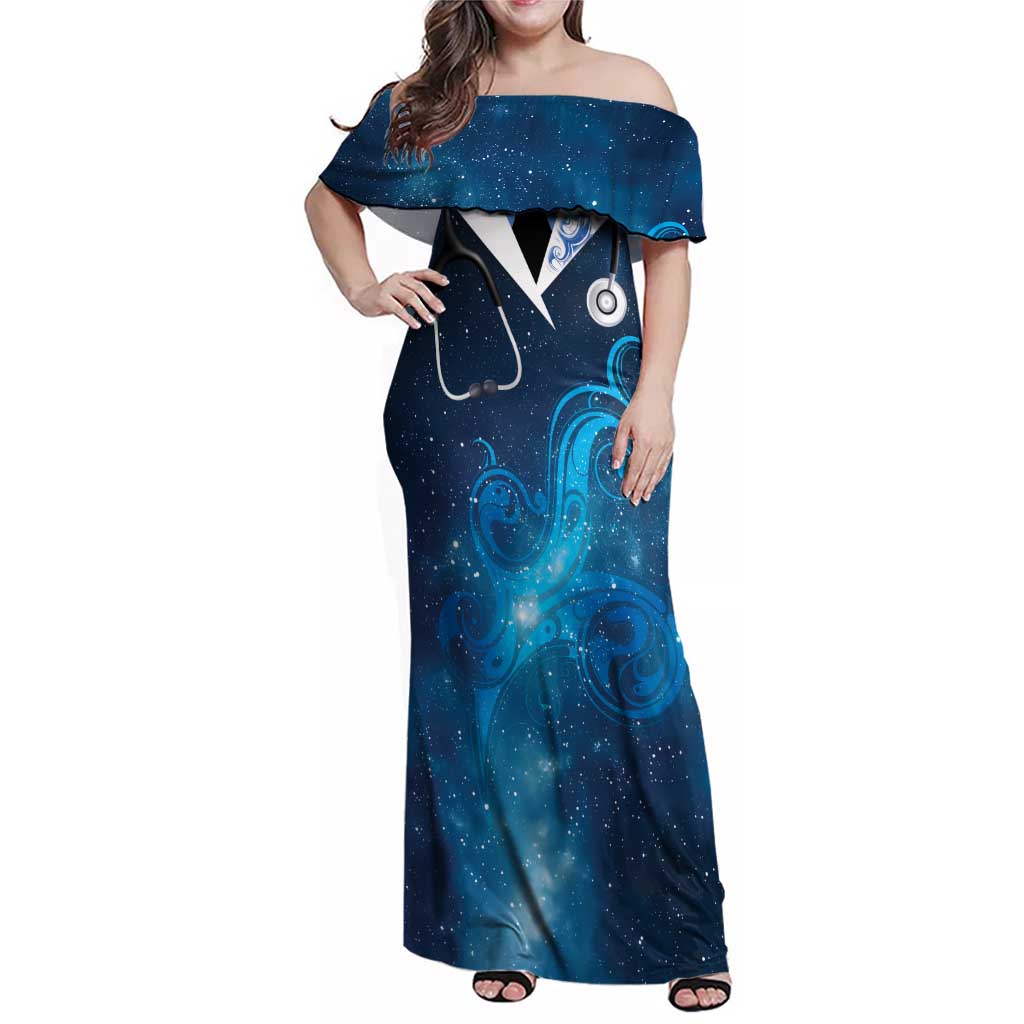 New Zealand Nurses RN Personalised Family Matching Off Shoulder Maxi Dress and Hawaiian Shirt Galaxy Stethoscope Maori Motif