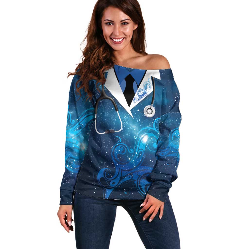New Zealand Nurses RN Personalised Off Shoulder Sweater Galaxy Stethoscope Maori Motif LT9 Women Galaxy - Polynesian Pride
