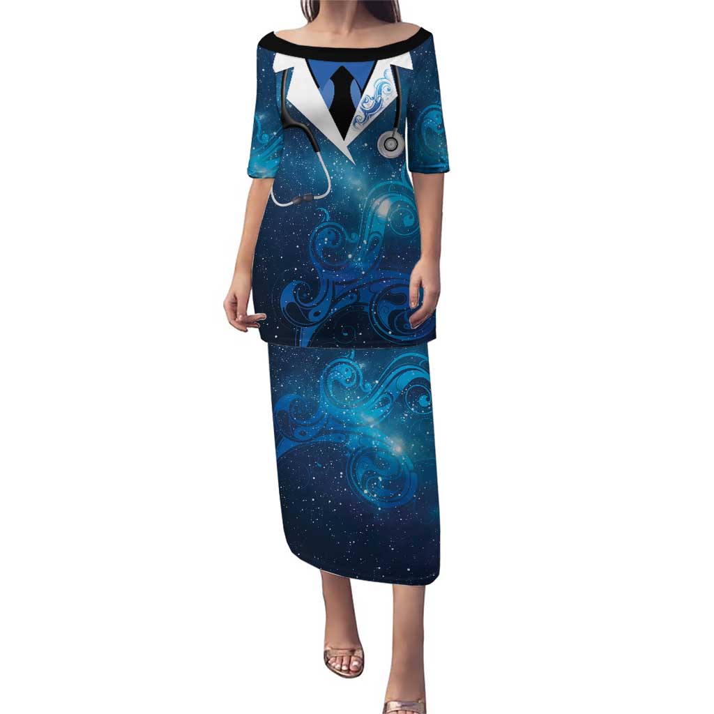 New Zealand Nurses RN Personalised Puletasi Galaxy Stethoscope Maori Motif LT9 Long Dress Galaxy - Polynesian Pride