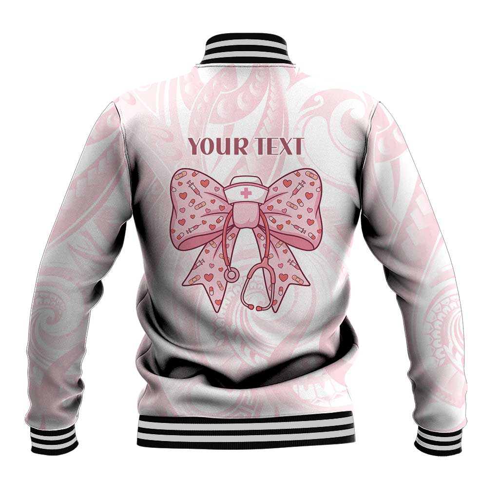 New Zealand Nurses RN Personalised Baseball Jacket Pink Stethoscope Coquette Bow Maori Motif LT9 - Polynesian Pride