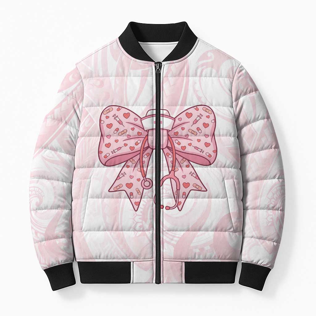 New Zealand Nurses RN Personalised Bomber Puffer Jacket Pink Stethoscope Coquette Bow Maori Motif LT9 Unisex Pink - Polynesian Pride