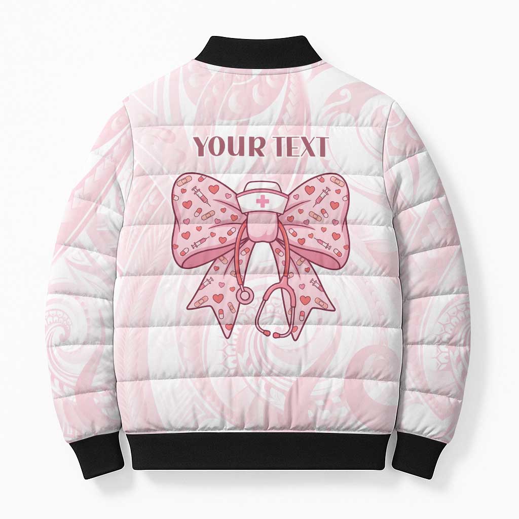 New Zealand Nurses RN Personalised Bomber Puffer Jacket Pink Stethoscope Coquette Bow Maori Motif LT9 - Polynesian Pride