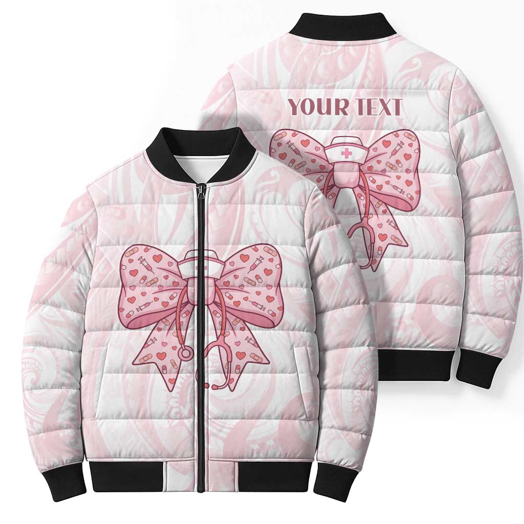 New Zealand Nurses RN Personalised Bomber Puffer Jacket Pink Stethoscope Coquette Bow Maori Motif LT9 - Polynesian Pride