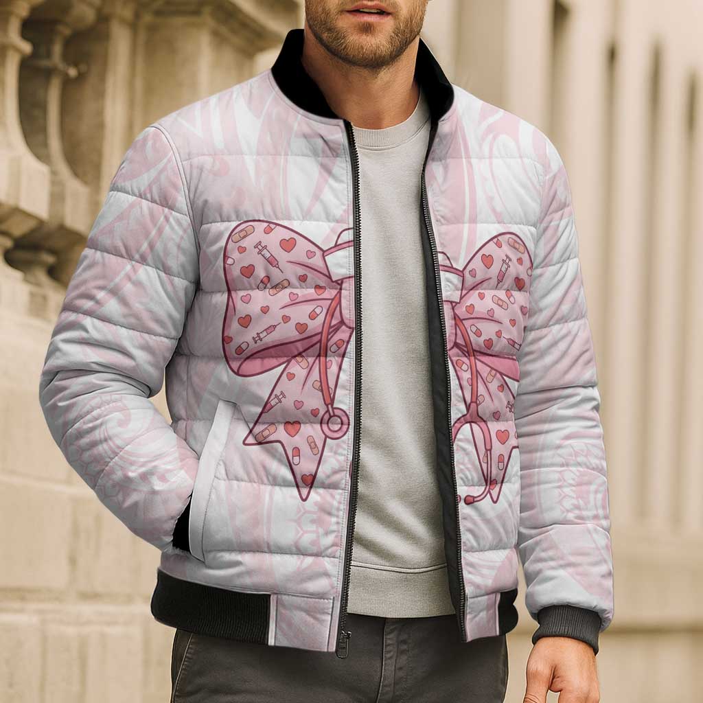 New Zealand Nurses RN Personalised Bomber Puffer Jacket Pink Stethoscope Coquette Bow Maori Motif LT9 - Polynesian Pride