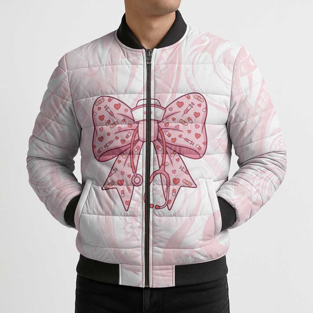 New Zealand Nurses RN Personalised Bomber Puffer Jacket Pink Stethoscope Coquette Bow Maori Motif LT9 - Polynesian Pride