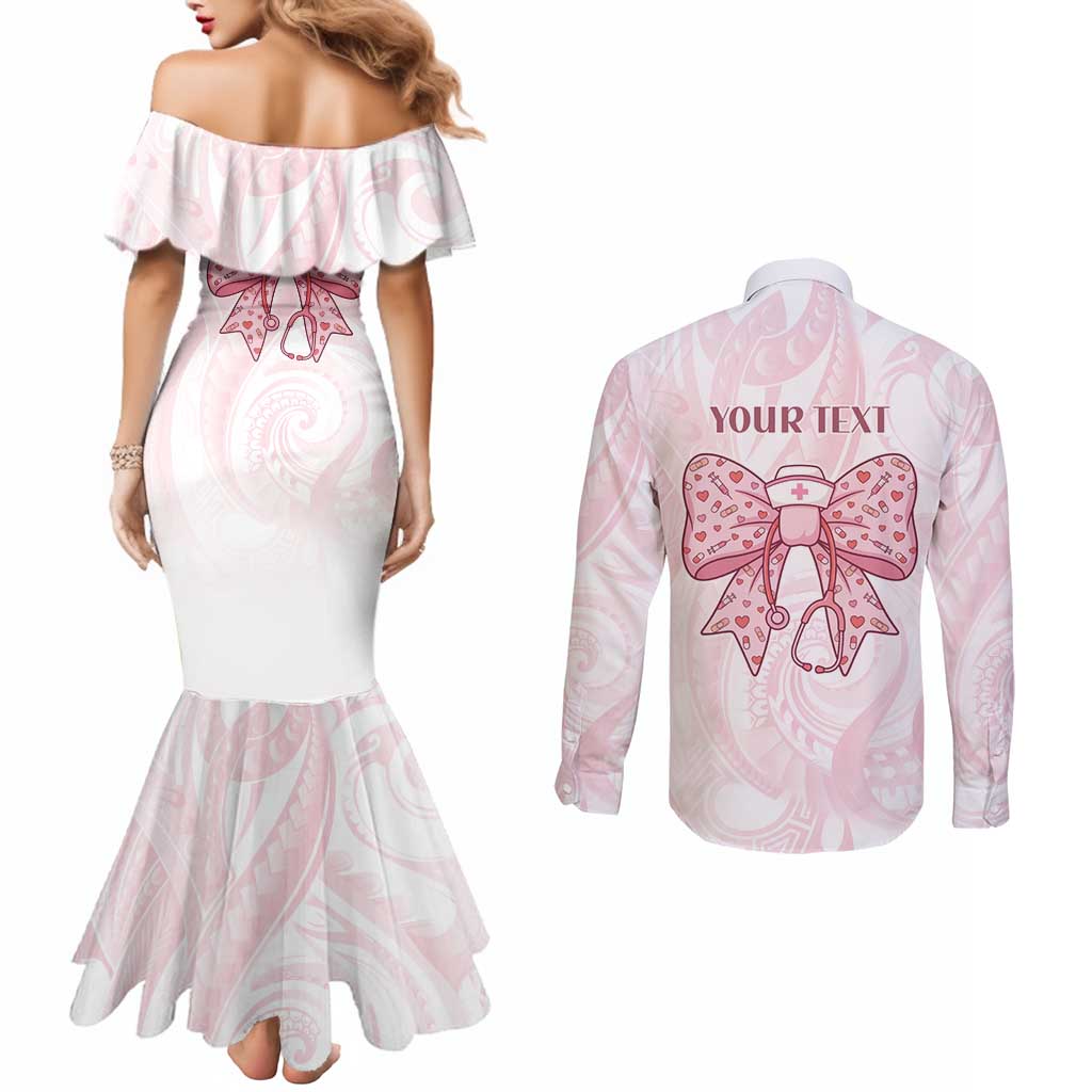 New Zealand Nurses RN Personalised Couples Matching Mermaid Dress and Long Sleeve Button Shirt Pink Stethoscope Coquette Bow Maori Motif