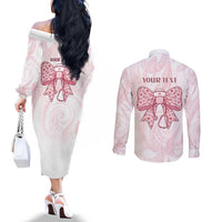New Zealand Nurses RN Personalised Couples Matching Off The Shoulder Long Sleeve Dress and Long Sleeve Button Shirt Pink Stethoscope Coquette Bow Maori Motif