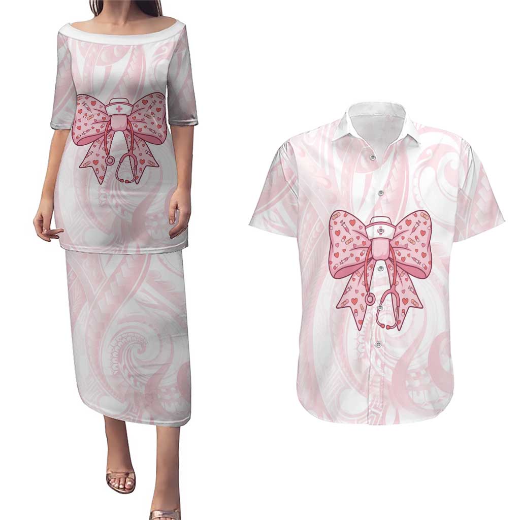 New Zealand Nurses RN Personalised Couples Matching Puletasi and Hawaiian Shirt Pink Stethoscope Coquette Bow Maori Motif