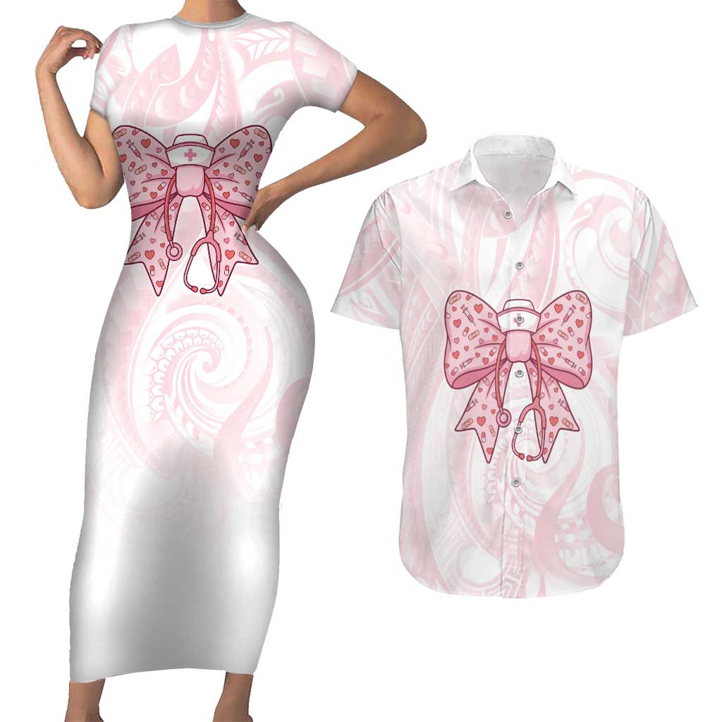 New Zealand Nurses RN Personalised Couples Matching Short Sleeve Bodycon Dress and Hawaiian Shirt Pink Stethoscope Coquette Bow Maori Motif