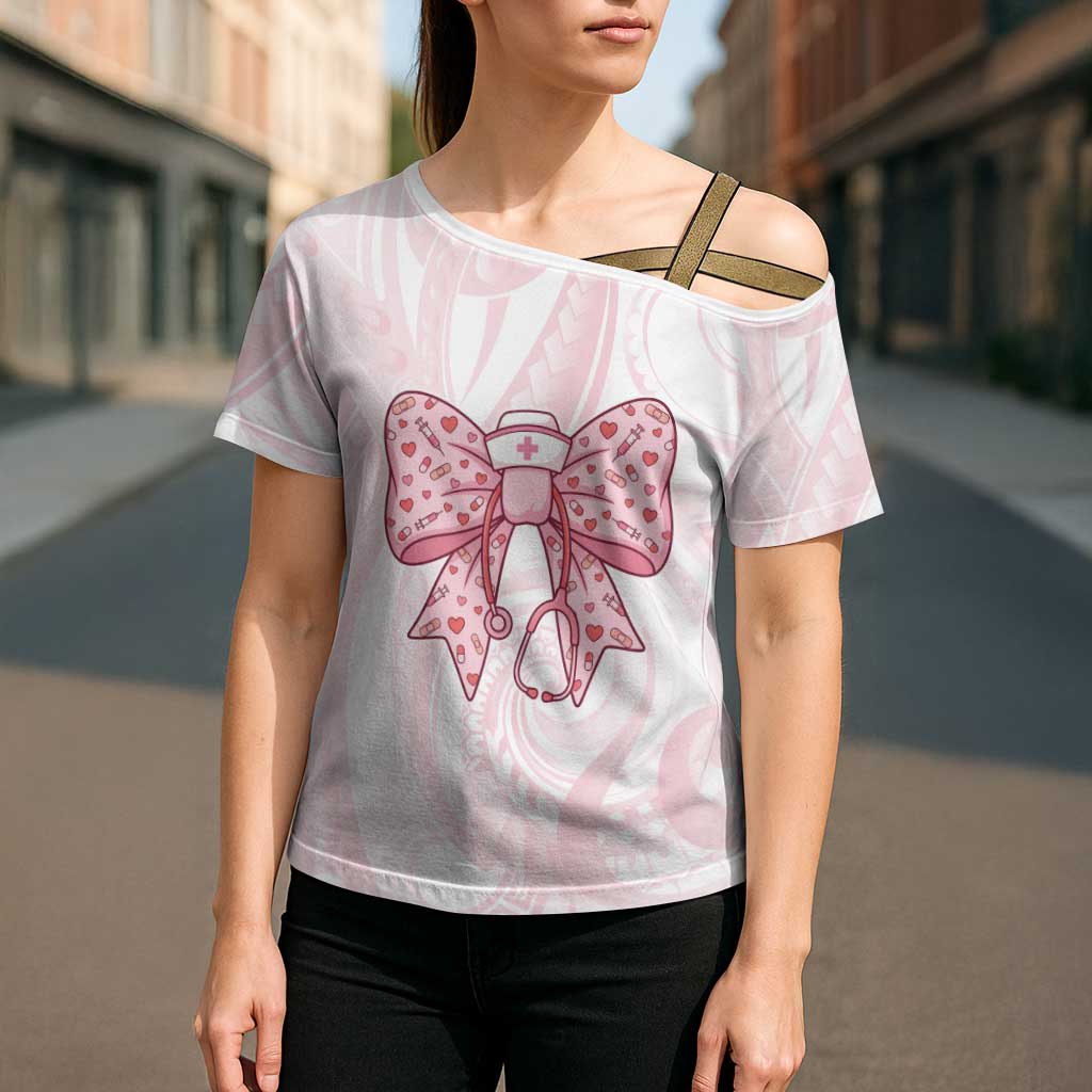 New Zealand Nurses RN Personalised Cross Shoulder Shirt Pink Stethoscope Coquette Bow Maori Motif LT9 - Polynesian Pride