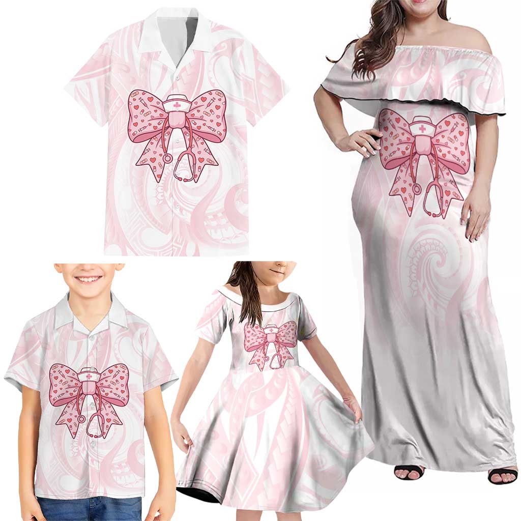 New Zealand Nurses RN Personalised Family Matching Off Shoulder Maxi Dress and Hawaiian Shirt Pink Stethoscope Coquette Bow Maori Motif LT9 - Polynesian Pride