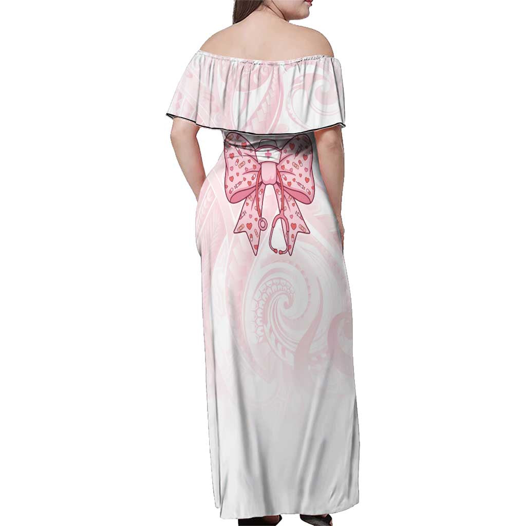 New Zealand Nurses RN Personalised Family Matching Off Shoulder Maxi Dress and Hawaiian Shirt Pink Stethoscope Coquette Bow Maori Motif