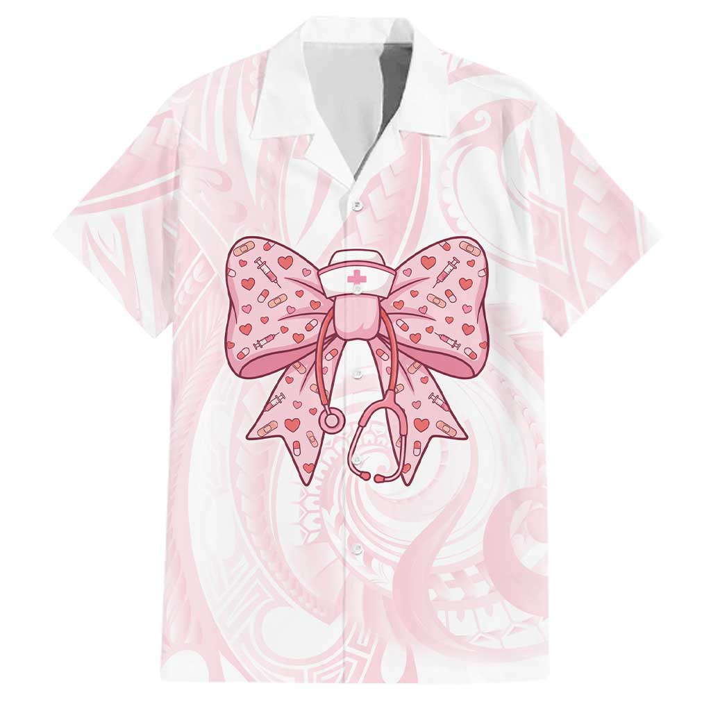 New Zealand Nurses RN Personalised Family Matching Off Shoulder Short Dress and Hawaiian Shirt Pink Stethoscope Coquette Bow Maori Motif