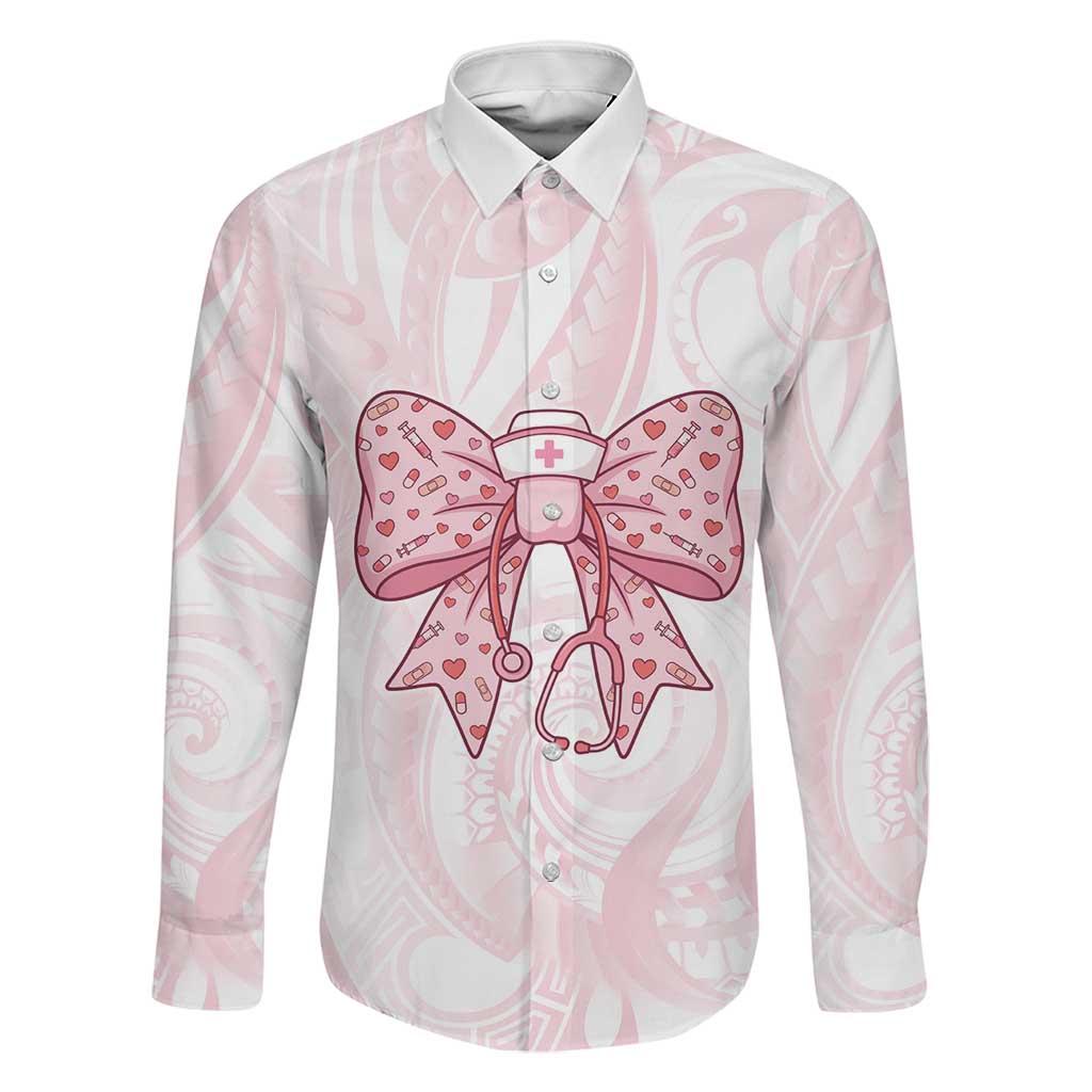 New Zealand Nurses RN Personalised Family Matching Off Shoulder Short Dress and Hawaiian Shirt Pink Stethoscope Coquette Bow Maori Motif