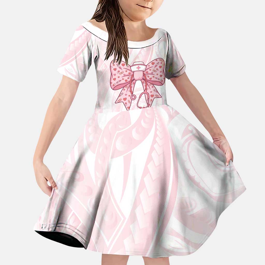 New Zealand Nurses RN Personalised Family Matching Puletasi and Hawaiian Shirt Pink Stethoscope Coquette Bow Maori Motif
