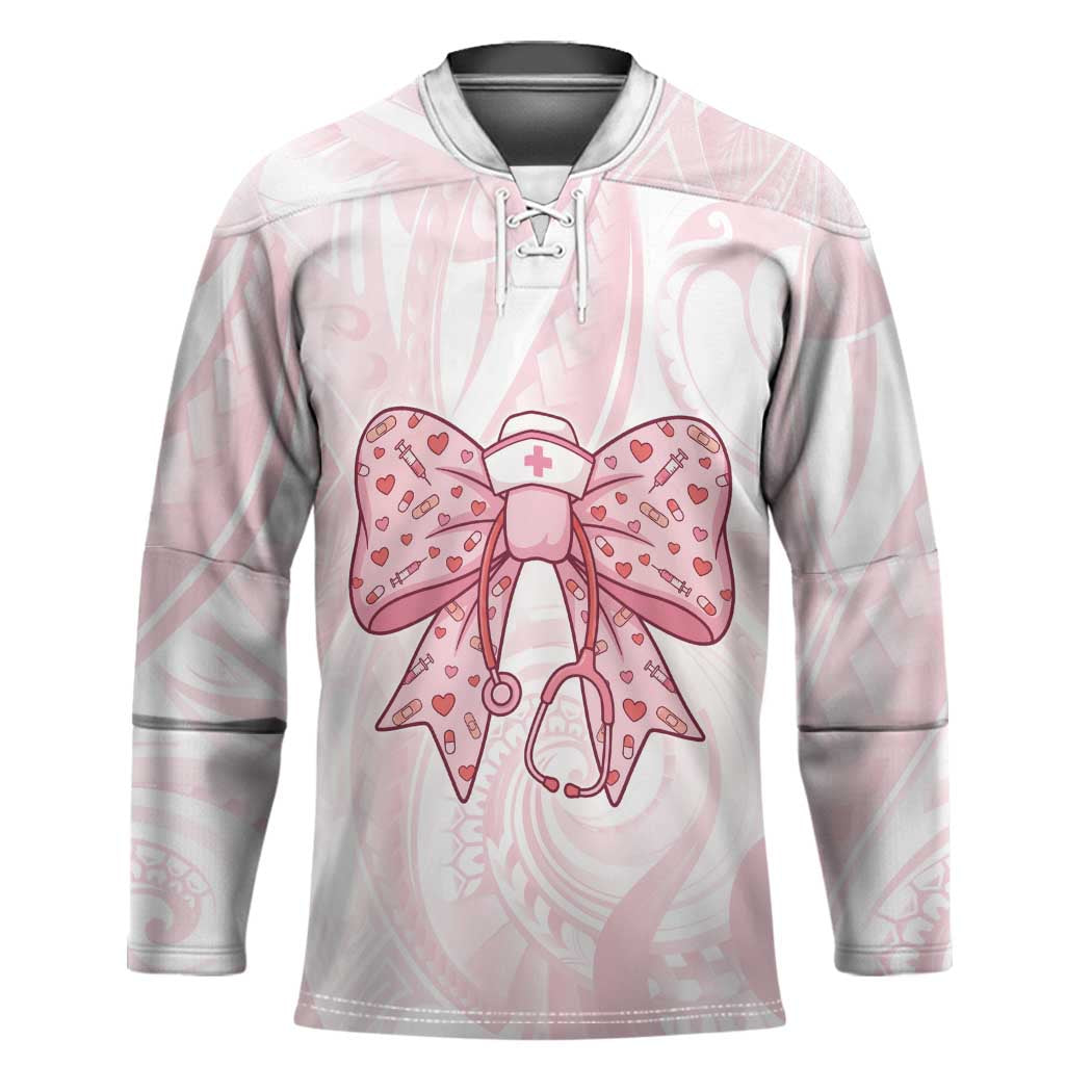 New Zealand Nurses RN Personalised Hockey Jersey Pink Stethoscope Coquette Bow Maori Motif LT9 Unisex Pink - Polynesian Pride