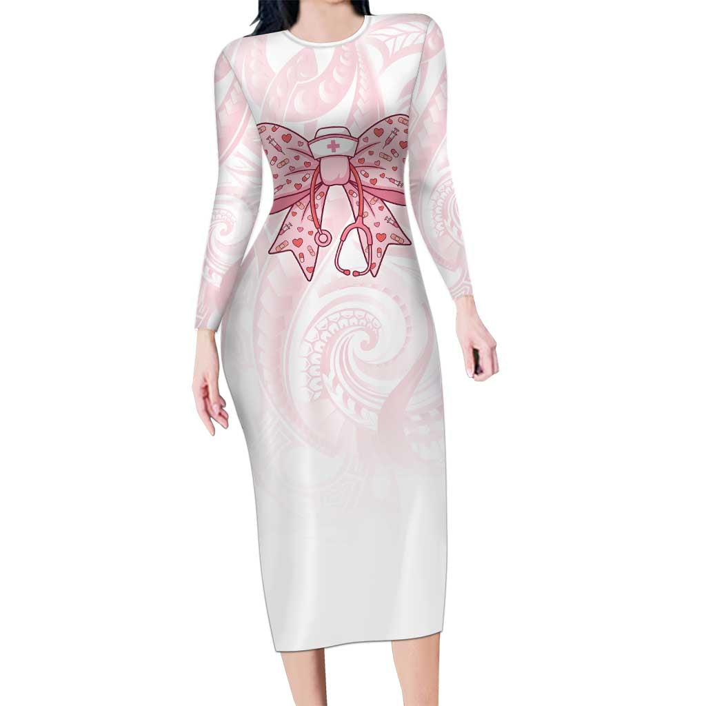 New Zealand Nurses RN Personalised Long Sleeve Bodycon Dress Pink Stethoscope Coquette Bow Maori Motif LT9 Long Dress Pink - Polynesian Pride