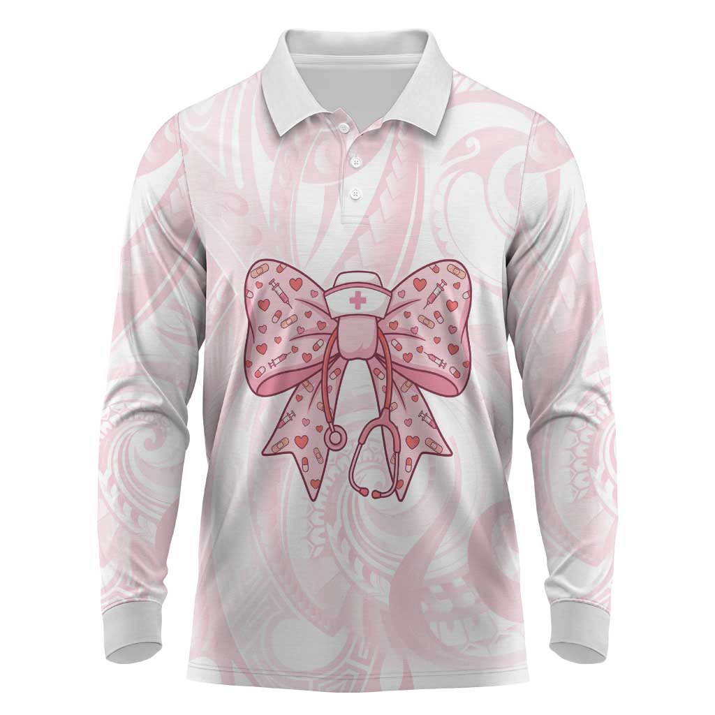 New Zealand Nurses RN Personalised Long Sleeve Polo Shirt Pink Stethoscope Coquette Bow Maori Motif