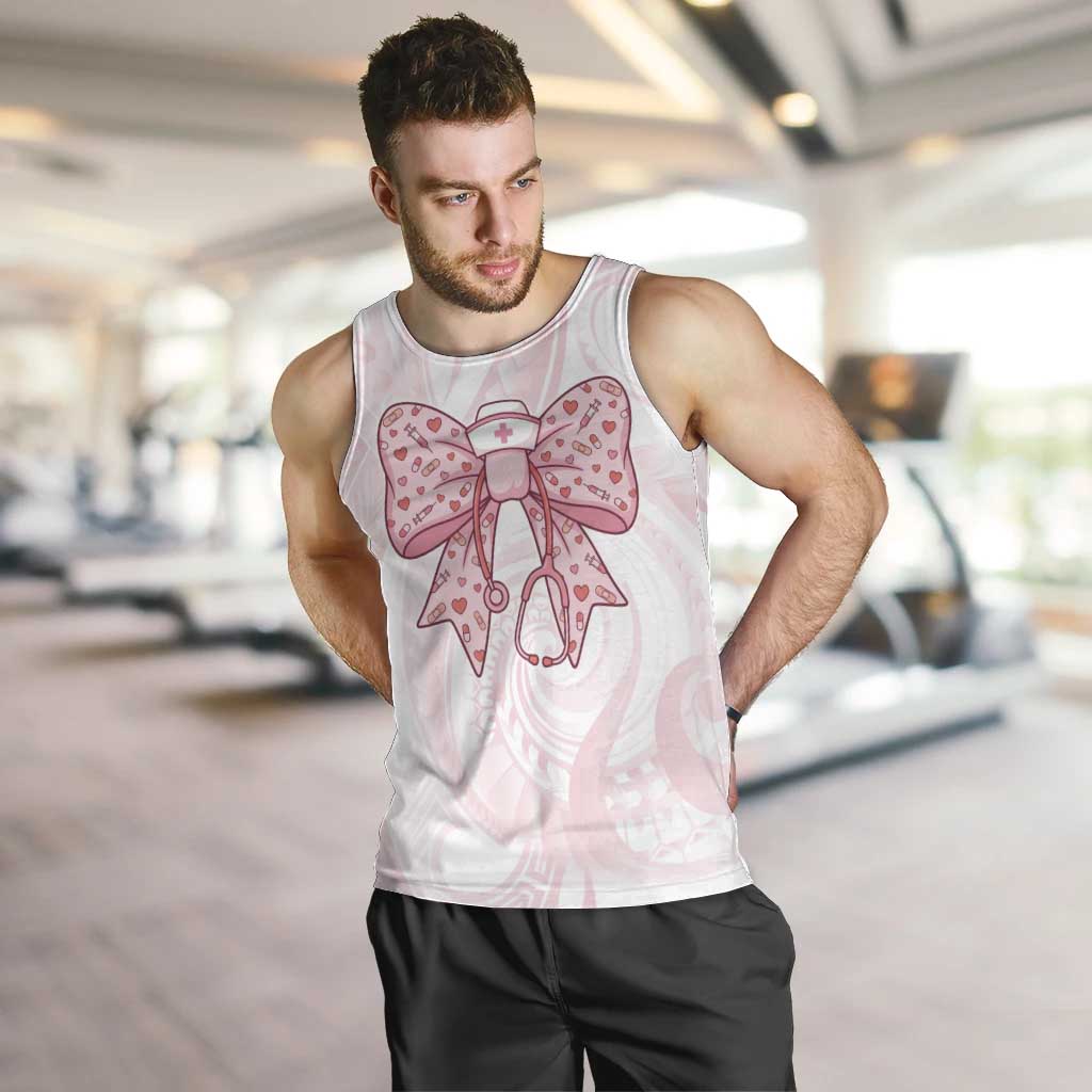 New Zealand Nurses RN Personalised Men Tank Top Pink Stethoscope Coquette Bow Maori Motif LT9 Pink - Polynesian Pride