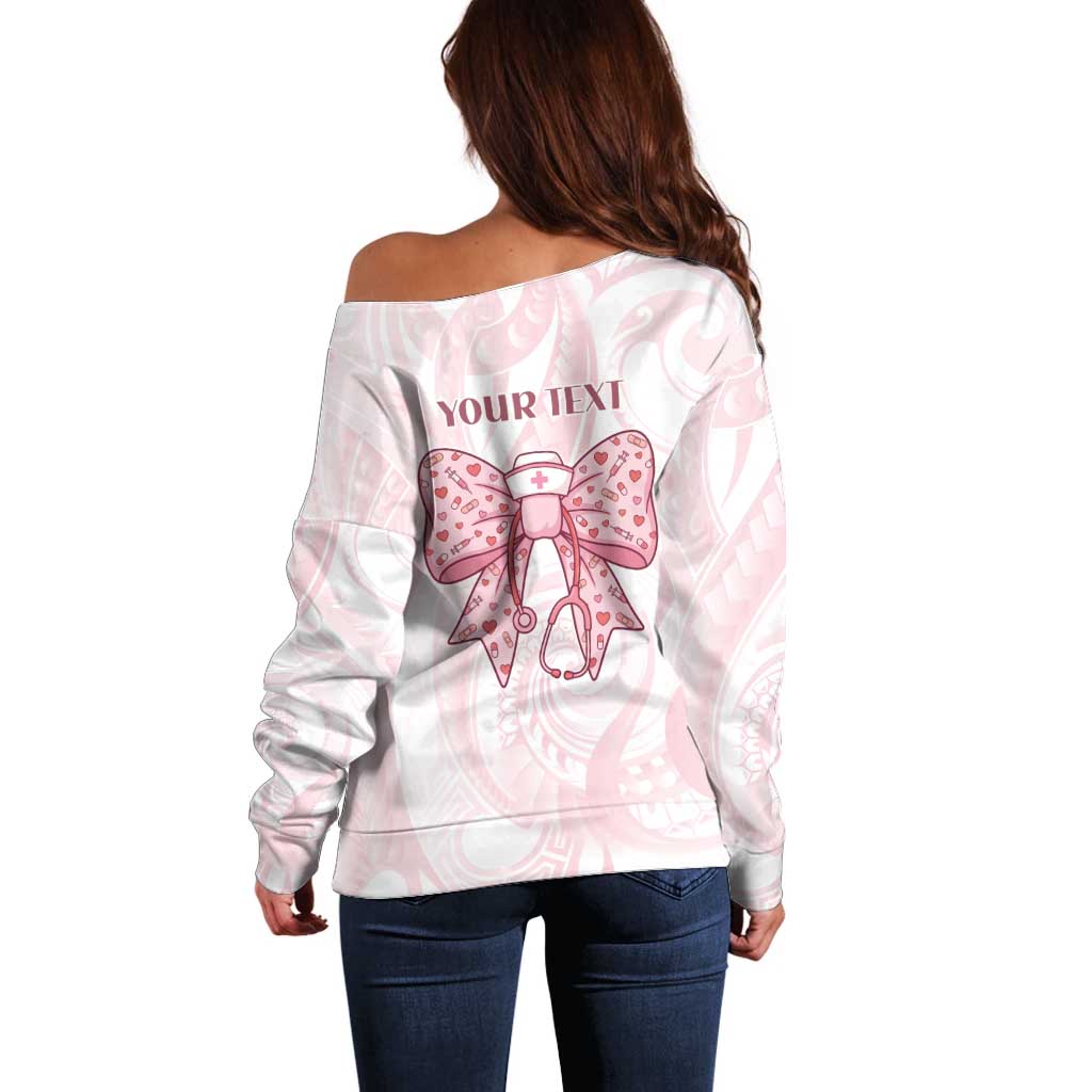 New Zealand Nurses RN Personalised Off Shoulder Sweater Pink Stethoscope Coquette Bow Maori Motif LT9 - Polynesian Pride