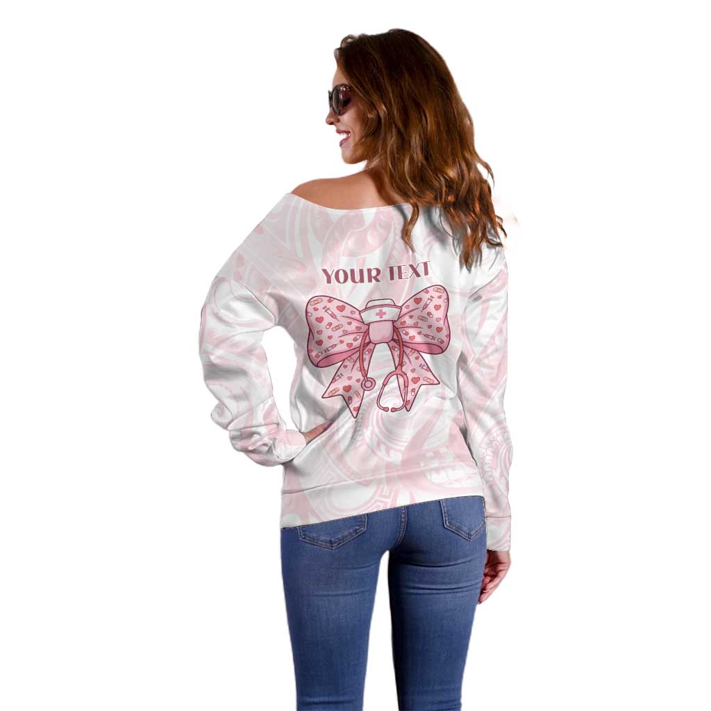 New Zealand Nurses RN Personalised Off Shoulder Sweater Pink Stethoscope Coquette Bow Maori Motif LT9 - Polynesian Pride
