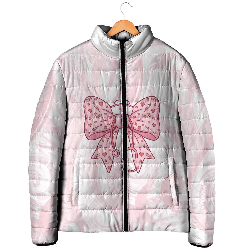 New Zealand Nurses RN Personalised Padded Jacket Pink Stethoscope Coquette Bow Maori Motif LT9 - Polynesian Pride