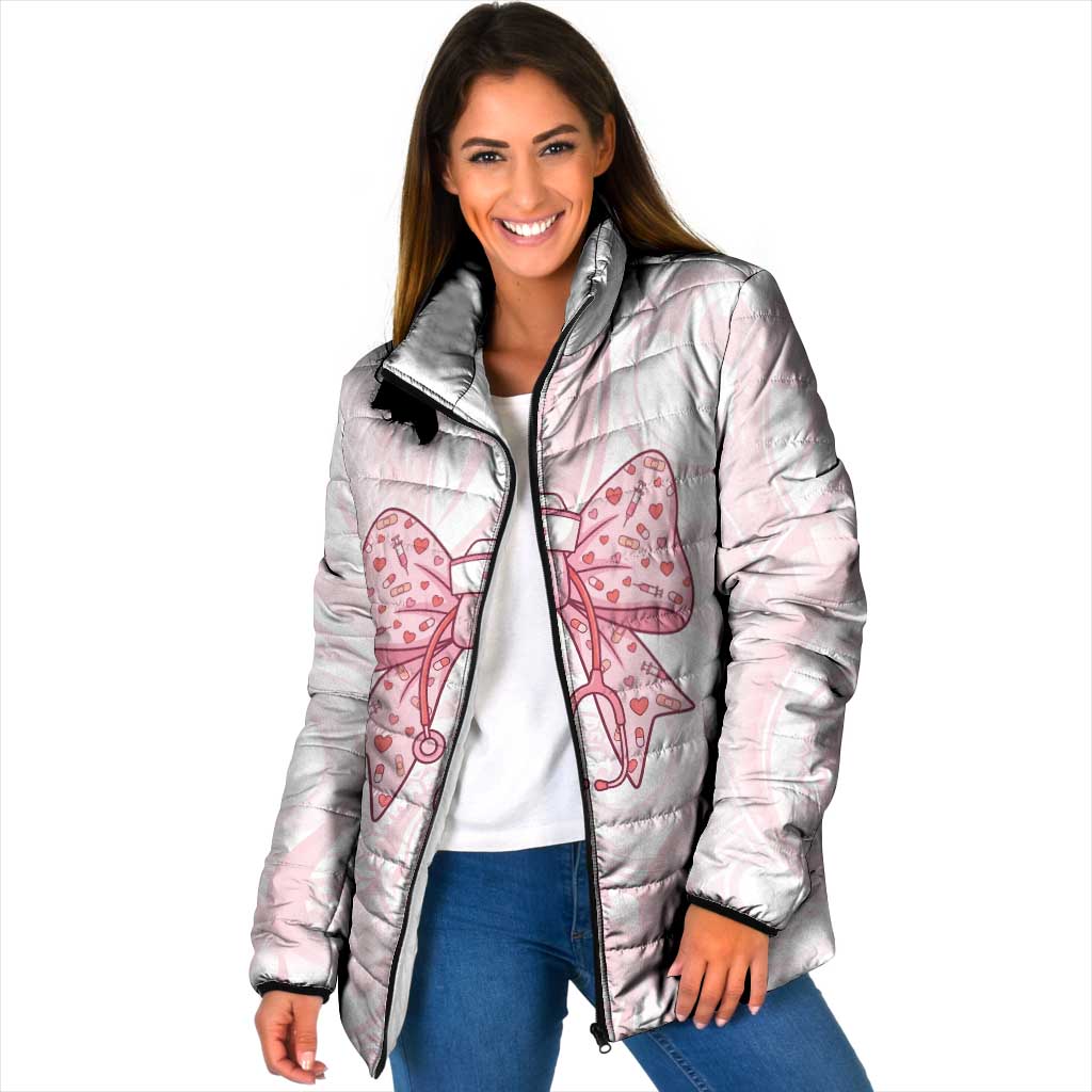New Zealand Nurses RN Personalised Padded Jacket Pink Stethoscope Coquette Bow Maori Motif LT9 Women Pink - Polynesian Pride