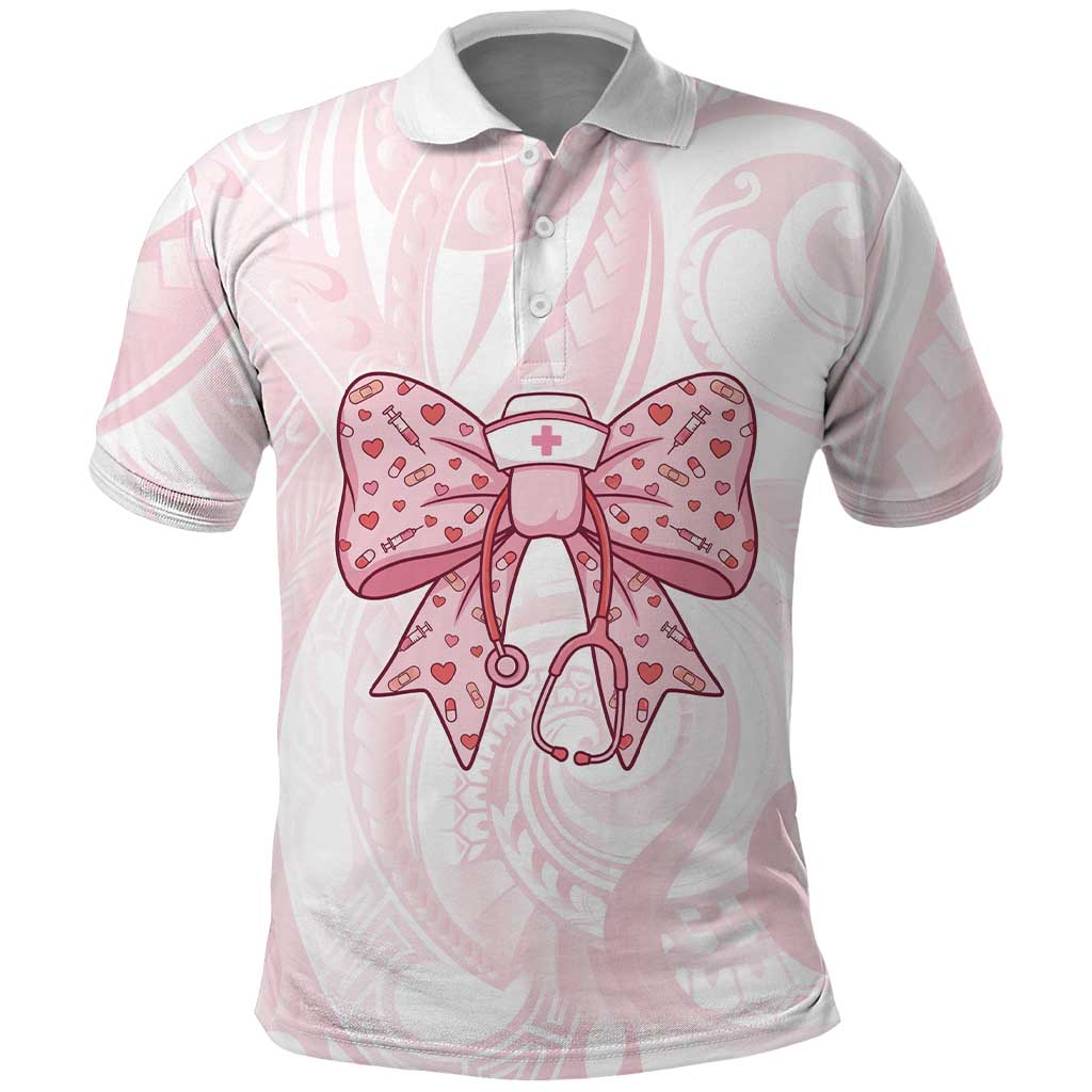 New Zealand Nurses RN Personalised Polo Shirt Pink Stethoscope Coquette Bow Maori Motif