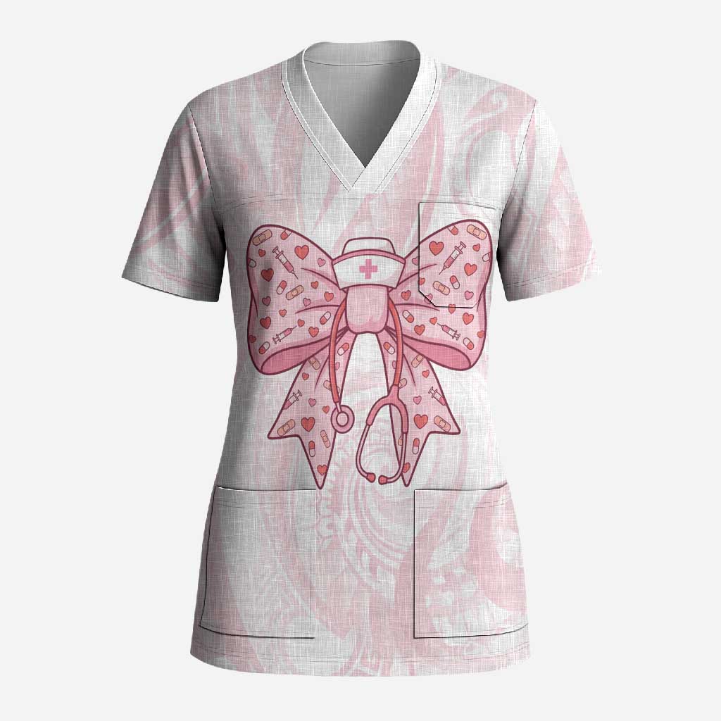 New Zealand Nurses RN Personalised Scrub Top Pink Stethoscope Coquette Bow Maori Motif