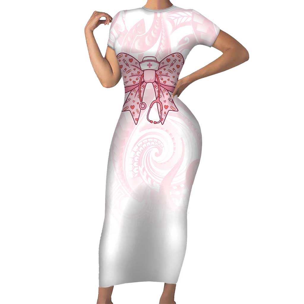 New Zealand Nurses RN Personalised Short Sleeve Bodycon Dress Pink Stethoscope Coquette Bow Maori Motif LT9 Long Dress Pink - Polynesian Pride