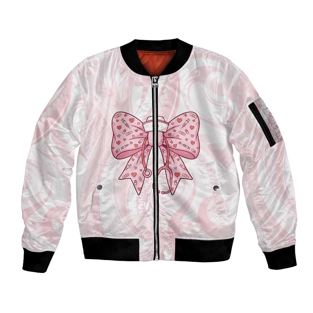New Zealand Nurses RN Personalised Sleeve Zip Bomber Jacket Pink Stethoscope Coquette Bow Maori Motif LT9 Unisex Pink - Polynesian Pride