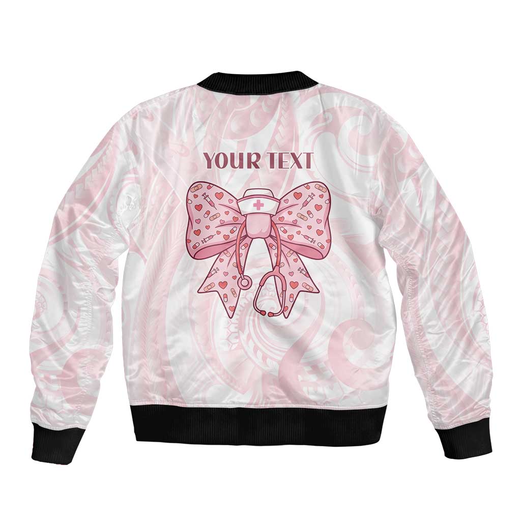 New Zealand Nurses RN Personalised Sleeve Zip Bomber Jacket Pink Stethoscope Coquette Bow Maori Motif LT9 - Polynesian Pride