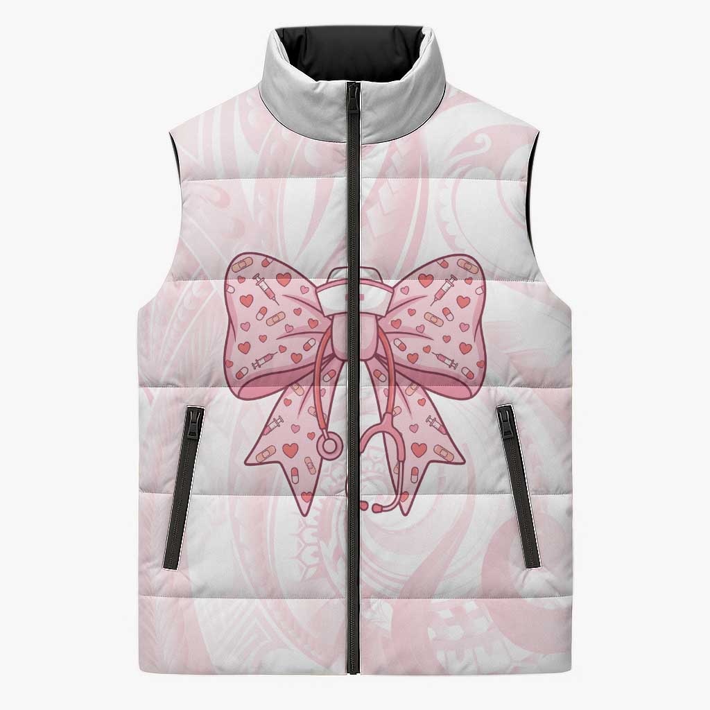 New Zealand Nurses RN Personalised Sleeveless Puffer Jacket Pink Stethoscope Coquette Bow Maori Motif LT9 Unisex Pink - Polynesian Pride