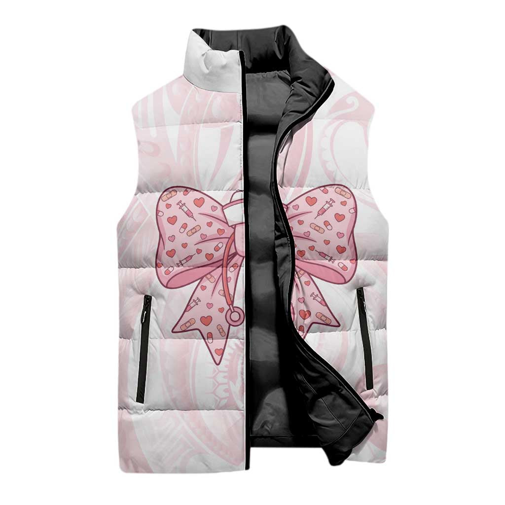 New Zealand Nurses RN Personalised Sleeveless Puffer Jacket Pink Stethoscope Coquette Bow Maori Motif LT9 - Polynesian Pride