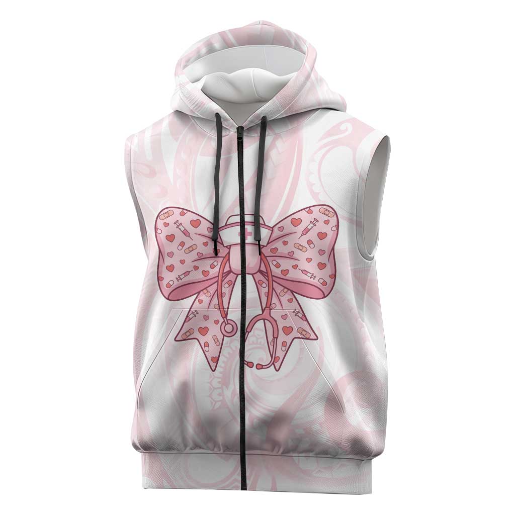 New Zealand Nurses RN Personalised Sleeveless Zip Hoodie Pink Stethoscope Coquette Bow Maori Motif LT9 Pink - Polynesian Pride