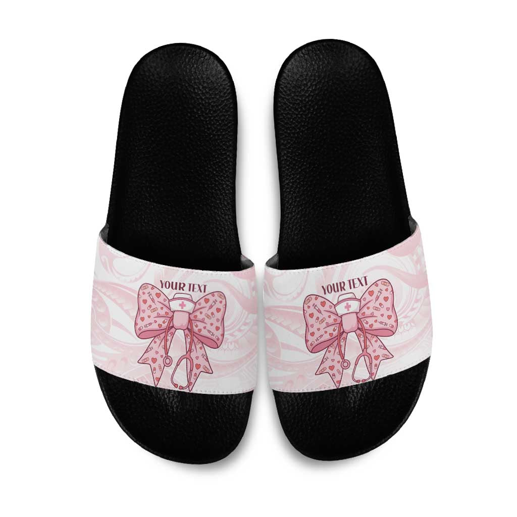 New Zealand Nurses RN Personalised Slide Sandals Pink Stethoscope Coquette Bow Maori Motif LT9 Pink - Polynesian Pride