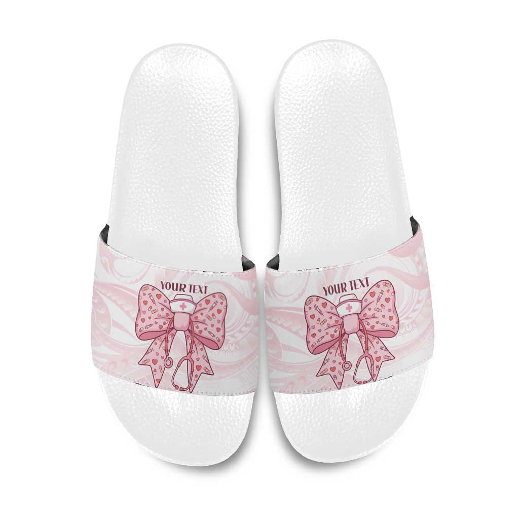 New Zealand Nurses RN Personalised Slide Sandals Pink Stethoscope Coquette Bow Maori Motif LT9 Pink - Polynesian Pride