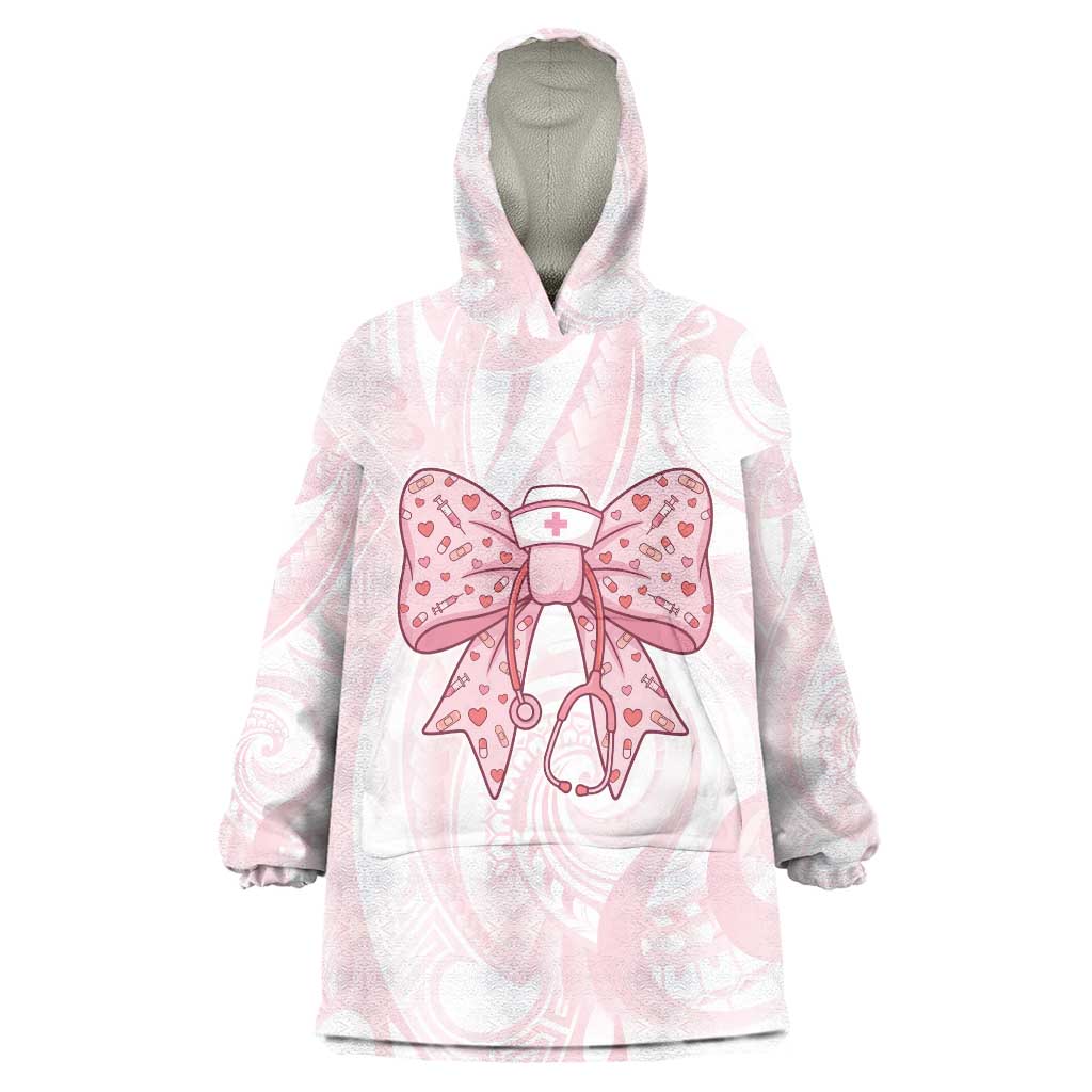 New Zealand Nurses RN Personalised Wearable Blanket Hoodie Pink Stethoscope Coquette Bow Maori Motif LT9 One Size Pink - Polynesian Pride