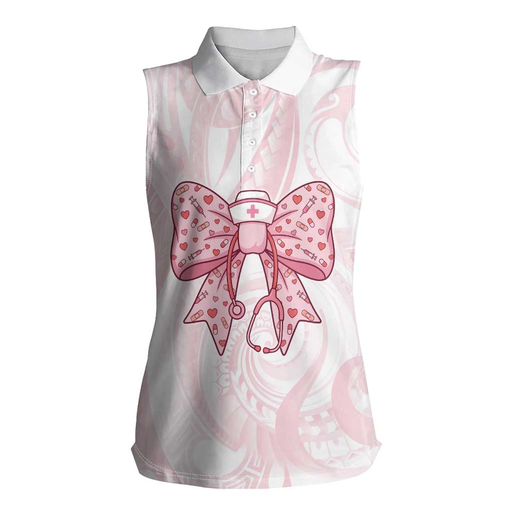 New Zealand Nurses RN Personalised Women Sleeveless Polo Shirt Pink Stethoscope Coquette Bow Maori Motif LT9 Female Pink - Polynesian Pride