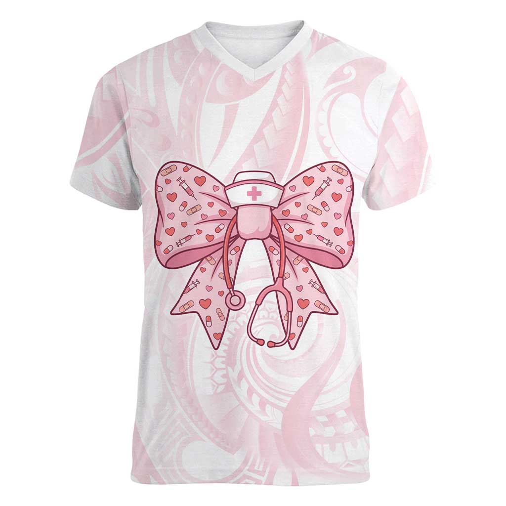 New Zealand Nurses RN Personalised Women V-Neck T-Shirt Pink Stethoscope Coquette Bow Maori Motif LT9 Female Pink - Polynesian Pride