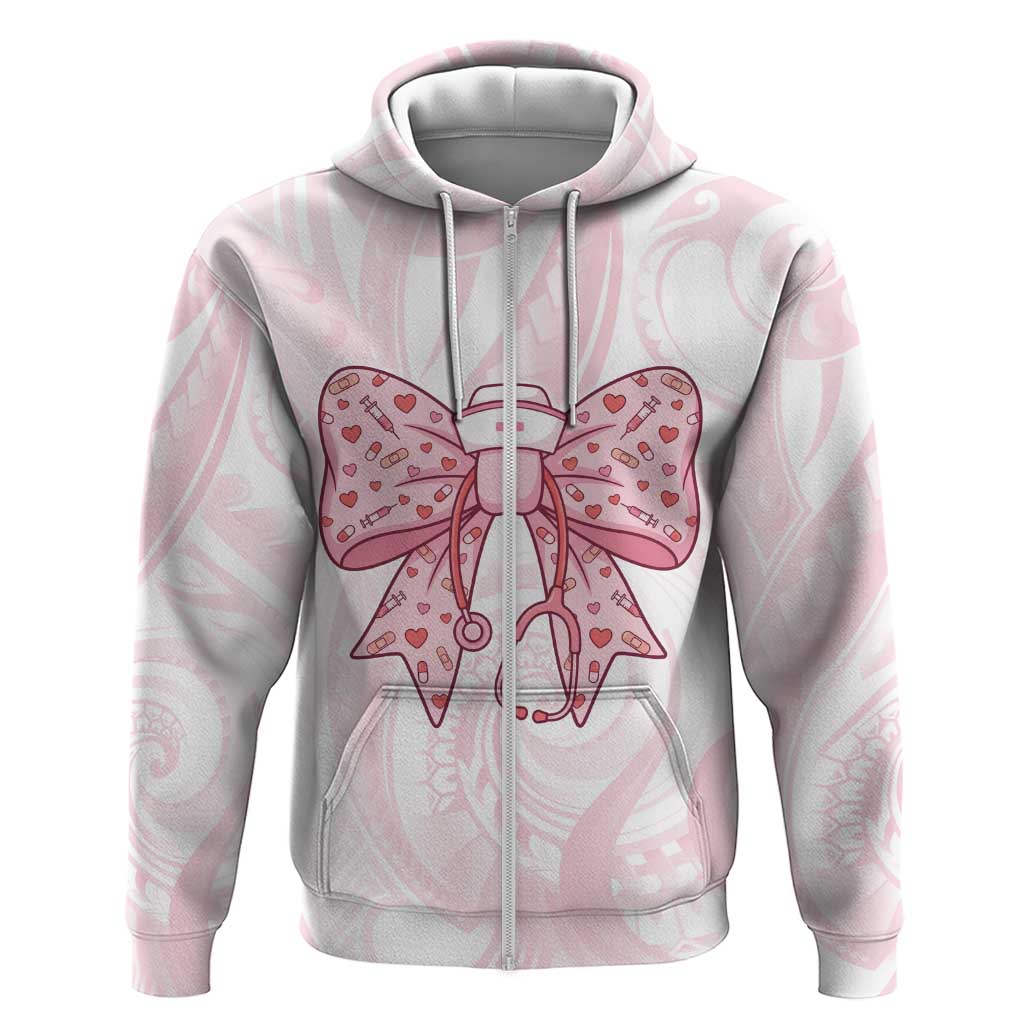 New Zealand Nurses RN Personalised Zip Hoodie Pink Stethoscope Coquette Bow Maori Motif LT9 Zip Hoodie Pink - Polynesian Pride