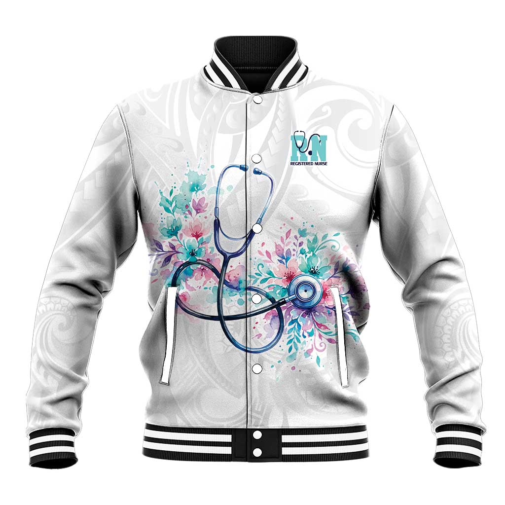 New Zealand Nurses RN Personalised Baseball Jacket Stethoscope Floral Maori Motif LT9 Unisex White - Polynesian Pride
