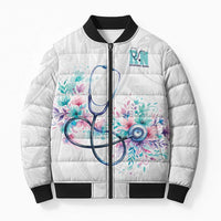 New Zealand Nurses RN Personalised Bomber Puffer Jacket Stethoscope Floral Maori Motif LT9 Unisex White - Polynesian Pride