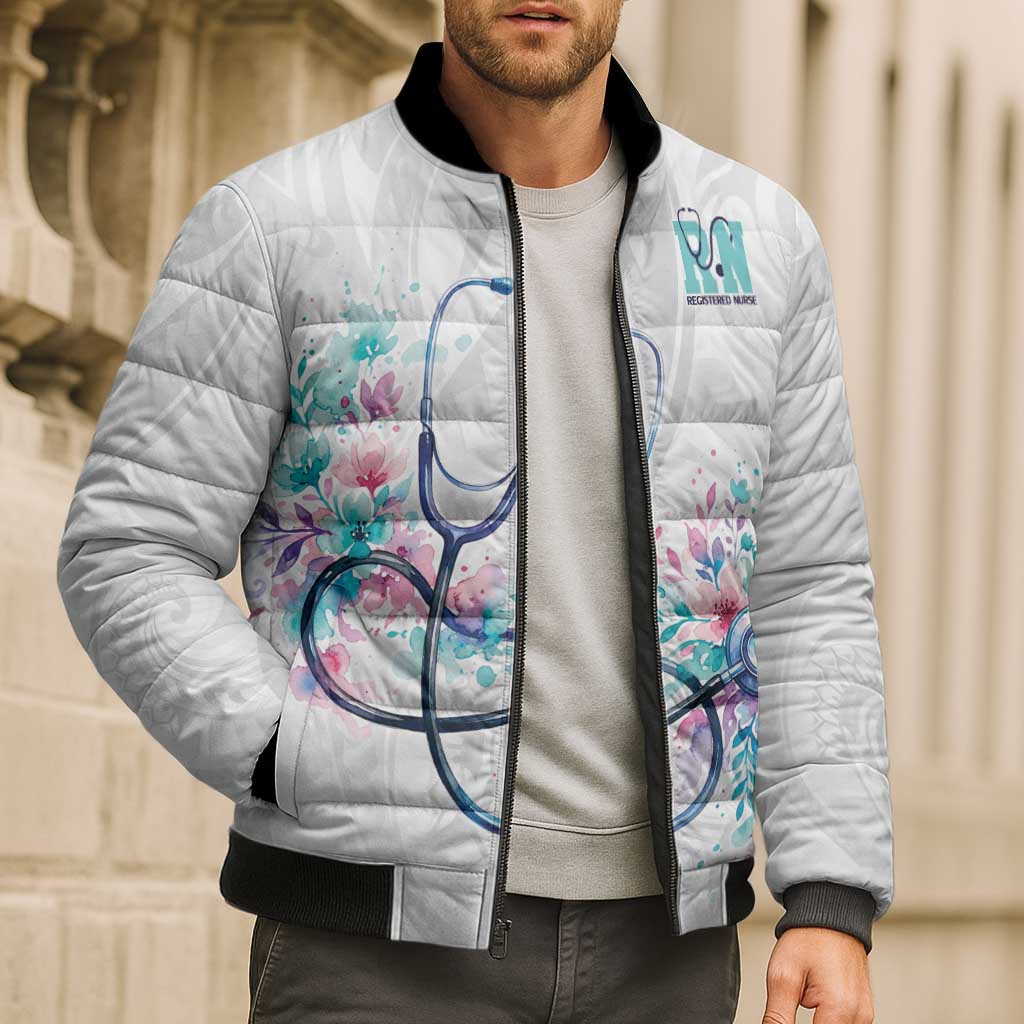 New Zealand Nurses RN Personalised Bomber Puffer Jacket Stethoscope Floral Maori Motif LT9 - Polynesian Pride