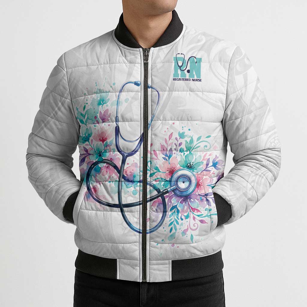 New Zealand Nurses RN Personalised Bomber Puffer Jacket Stethoscope Floral Maori Motif LT9 - Polynesian Pride