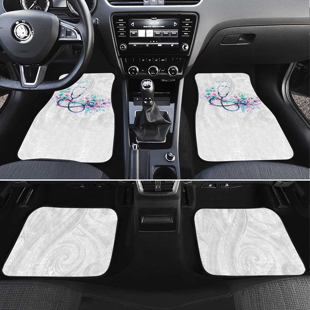 New Zealand Nurses RN Personalised Car Mats Stethoscope Floral Maori Motif LT9 Set 4pcs White - Polynesian Pride