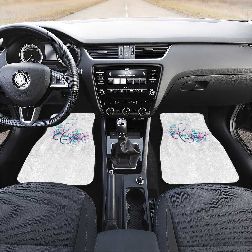 New Zealand Nurses RN Personalised Car Mats Stethoscope Floral Maori Motif LT9 Set 2pcs - Front White - Polynesian Pride