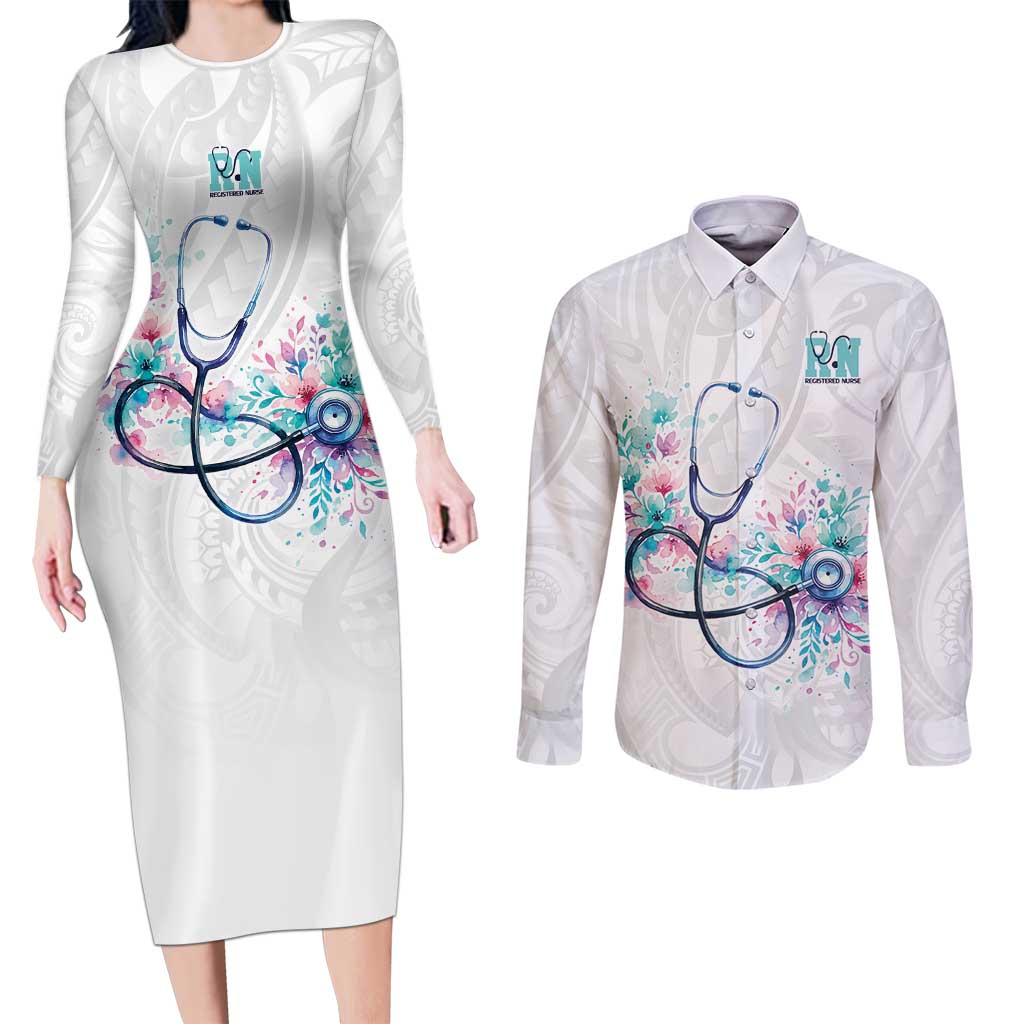 New Zealand Nurses RN Personalised Couples Matching Long Sleeve Bodycon Dress and Long Sleeve Button Shirt Stethoscope Floral Maori Motif